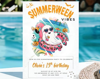Summerween Birthday Party Invitation- Editable Summer Halloween Pool Party Invite, Kids Spooky Ghosts, Canva Template (Digital Download)