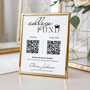 College Fund Sign Template- Editable Venmo QR Code, Printable Graduation Money Box, Savings Donation Card, High School Grad Party Decor Gift