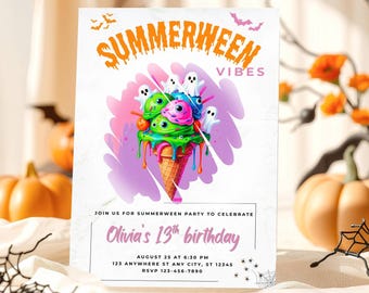 Summerween Birthday Party Invitation- Editable Halloween in Summer Pool Party Invite, Kids Spooky Ghosts, Canva Template (Digital Download)