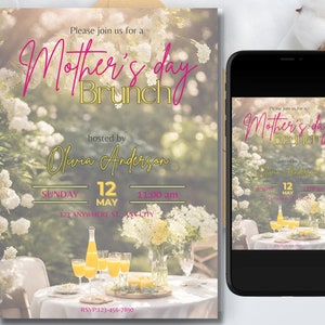 Mother's Day Brunch Invitation Template- Editable Digital Moms and Mimosas Themed Party Invite, Printable Custom Floral Garden Phone Evite