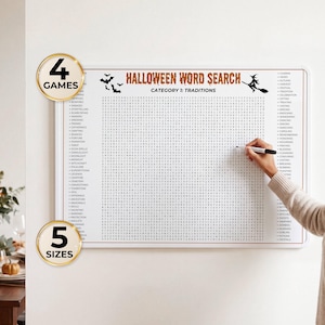 Puede incluir: Un tablero rectangular de juego de sopa de letras de Halloween con el título Halloween Word Search, Category 1: Traditions y listas de palabras. El tablero incluye gráficos de murciélagos y una bruja en una escoba, con insignias circulares que dicen 4 Games y 5 Sizes.