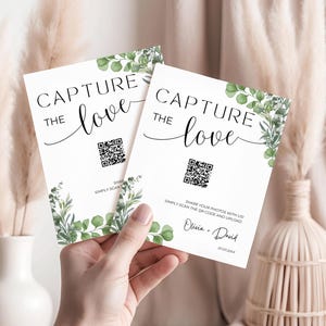 Capture The Love QR Code Sign: Greenery Photo Sharing Card, Printable Wedding Reception Decor, Editable Canva Template, Digital Download