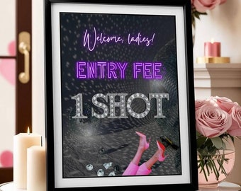 Cartel de entrada para fiesta de un solo trago: póster de bienvenida de neón imprimible para cumpleaños, Día de Galentine, pancarta de despedida de soltera, decoración de bar para noche de chicas, descarga