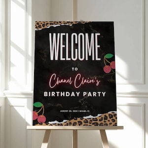 Cheetah Print Birthday Welcome Sign- Editable Leopard Cherry Backdrop, Girls Night Party Decor Poster, Printable Banner Board Canva Template