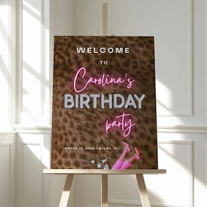 Cheetah Print Birthday Welcome Sign- Editable Leopard Pink Board, Girls Night Pajama Party Decor Poster, Printable Banner Canva Template