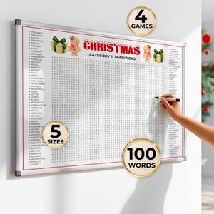 May include: A white framed Christmas word search game board with the word "Christmas" and "Category 1: Traditions" in red. The board includes 100 words, 5 sizes, and 4 games. A hand is holding a marker.