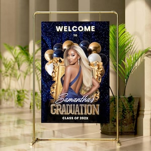 Graduation Party Welcome Sign Template- Editable Blue Gold Balloon Graduate Announcement, Grad Decor Poster Printable Modern Sign Class 2025