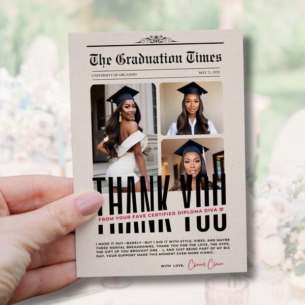Newspaper Graduation Thank You Card with Photo- Printable Graduate Thank You Note, High School College Grad Party Gift, Canva Template