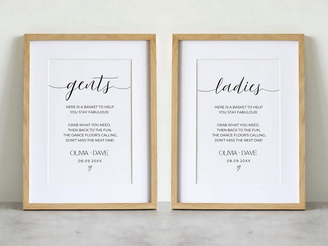 Wedding Bathroom Sign Template Minimalist Editable Ladies Gents Basket ...