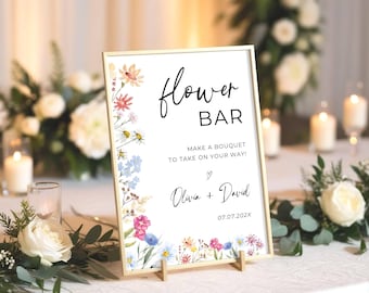 Flower Bar Sign Template- Editable Wildflower Baby in Bloom Sign, Printable Wedding Make a Bouquet Baby Shower Sign Boho Bridal Shower Favor