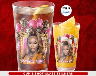 Cheetah Print Cup and Shot Glass Stickers- Editable Leopard Pink Birthday Party Decor, Printable Red Bachelorette Party Favor Canva Template