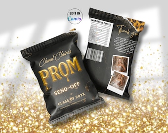 Cheetah Print Prom Send Off Chip Bag- Editable Leopard Gold Graduation Party Decor, Treat Party Favors, Printable Canva Template Download