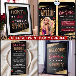 Cheetah Print Party Bundle- Editable Leopard Cherry Welcome Poster, Shot Sign, Printable Bachelorette Birthday Menu, Digital Invitation