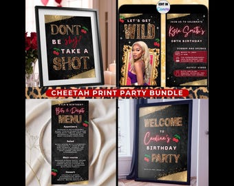 Cheetah Print Party Bundle- Editable Leopard Cherry Welcome Poster, Shot Sign, Printable Bachelorette Birthday Menu, Digital Invitation