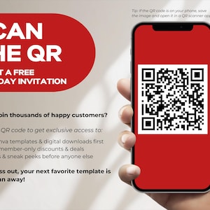K&ouml;nnte beinhalten: Ein Smartphone zeigt einen roten Bildschirm mit einem schwarz-wei&szlig;en QR-Code. Der Text auf dem Bild lautet: "SCANNE DEN QR-CODE, UM EINE KOSTENLOSE GEBURTSTAGSEINLADUNG ZU ERHALTEN." Zus&auml;tzlicher Text wirbt f&uuml;r exklusiven Zugang zu Vorlagen, Rabatten und Werbegeschenken.