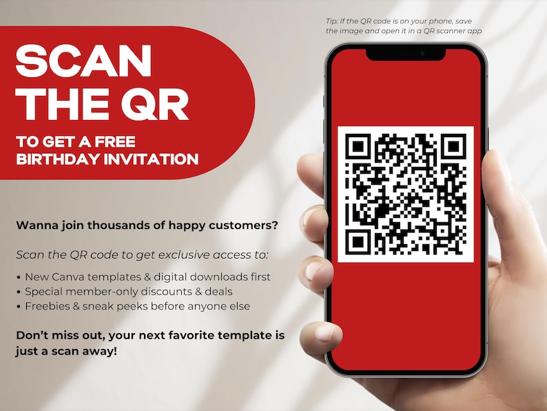 K&ouml;nnte beinhalten: Ein Smartphone zeigt einen roten Bildschirm mit einem schwarz-wei&szlig;en QR-Code. Der Text auf dem Bild lautet: "SCANNE DEN QR-CODE, UM EINE KOSTENLOSE GEBURTSTAGSEINLADUNG ZU ERHALTEN." Zus&auml;tzlicher Text wirbt f&uuml;r exklusiven Zugang zu Vorlagen, Rabatten und Werbegeschenken.