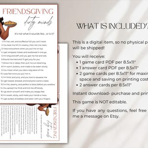 K&ouml;nnte beinhalten: Ein digitales Friendsgiving-Spiel mit dem Text "dirty minds" und einer Liste anz&uuml;glicher S&auml;tze. Das Bild enth&auml;lt eine Cartoon-Illustration einer Frau in einem Leopardenmuster-Kleid. Das Spiel enth&auml;lt PDF-Dateien f&uuml;r Spielkarten und Antwortkarten.