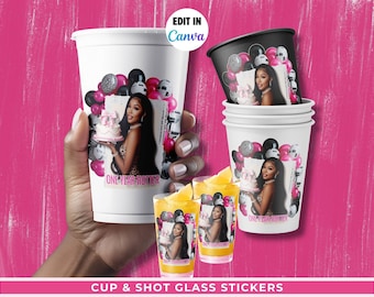 Newspaper Theme Cup and Shot Glass Stickers- Editable Leopard Birthday Decor, Printable Cheetah Bachelorette Party Favor Canva Template
