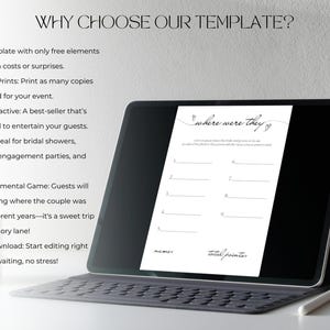 May include: A digital tablet displays a wedding game template titled "Where Were They?" The game features fill-in-the-blank prompts for guests to guess the couple's whereabouts over the years. The tablet rests on a keyboard, with text above explaining the template's features.
