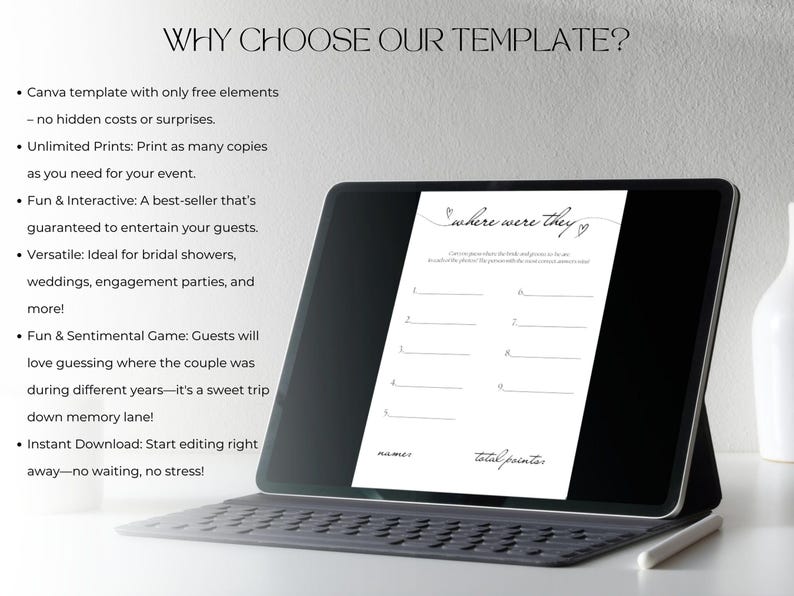May include: A digital tablet displays a wedding game template titled "Where Were They?" The game features fill-in-the-blank prompts for guests to guess the couple's whereabouts over the years. The tablet rests on a keyboard, with text above explaining the template's features.