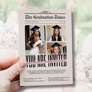 Zeitungs-Abschluss-Ankündigung Foto - druckbare Einladungskarte, High School College Grad Party, Canva-Vorlage, Klasse von 2025