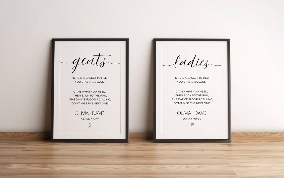 Wedding Bathroom Sign Template Minimalist Editable Ladies Gents Basket ...