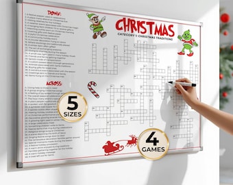 クリスマスクロスワードポスター：特大XXLクリスマスホリデーゲーム、ジャンボキッズ教室大人ファミリーパーティー楽しいアクティビティ、4つの大きな印刷可能なパズル