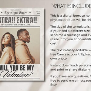 May include: A newspaper-style Valentine's Day template with the headline "EXTRA!! EXTRA!!" and the text "SOURCES CONFIRM: IT'S REAL LOVE." The image features a couple and the question "WILL YOU BE MY Valentine?"