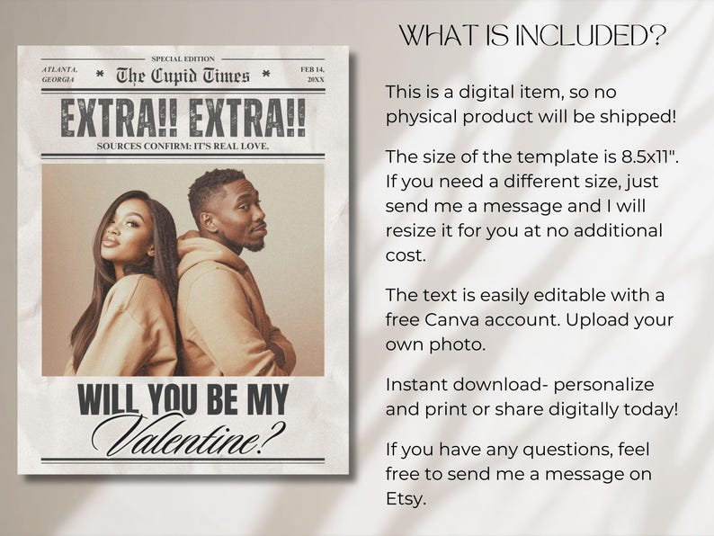May include: A newspaper-style Valentine's Day template with the headline "EXTRA!! EXTRA!!" and the text "SOURCES CONFIRM: IT'S REAL LOVE." The image features a couple and the question "WILL YOU BE MY Valentine?"