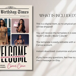 May include: A digital birthday celebration invitation template titled "The Birthday Times." The design features photos of a woman in a leopard print dress. The text reads "Welcome to a Birthday Celebration" and "Honoring the Iconic Chanel Claire."