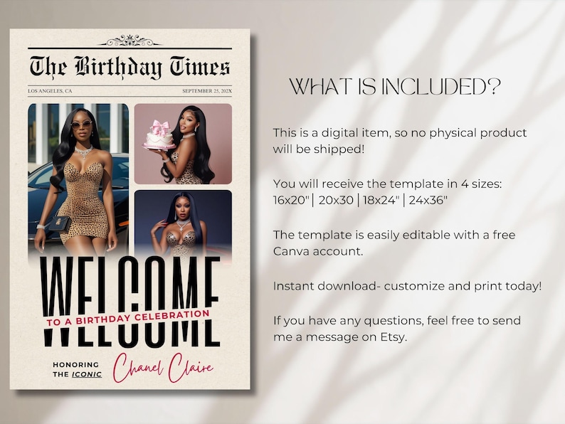 May include: A digital birthday celebration invitation template titled "The Birthday Times." The design features photos of a woman in a leopard print dress. The text reads "Welcome to a Birthday Celebration" and "Honoring the Iconic Chanel Claire."