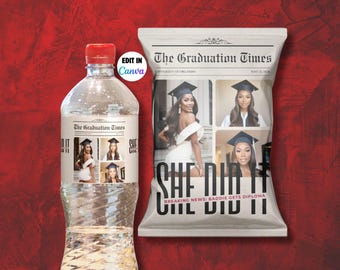 Newspaper Graduation Chip Bag & Water Bottle Label Party Favors Bundle- Editable Prom Send Off Treat Packaging, Birthday Pack Canva Template