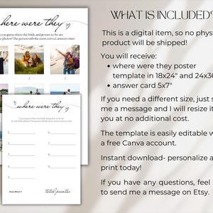 May include: A digital wedding game template titled "Where Were They?" with a fill-in-the-blank format. The template includes photos and prompts for guests to guess the locations. The text "What is Included?" is also visible.