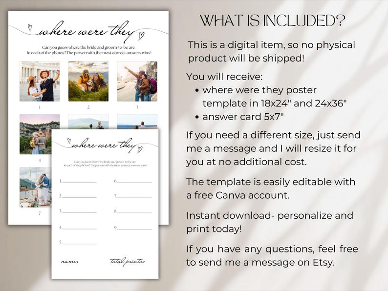 May include: A digital wedding game template titled "Where Were They?" with a fill-in-the-blank format. The template includes photos and prompts for guests to guess the locations. The text "What is Included?" is also visible.