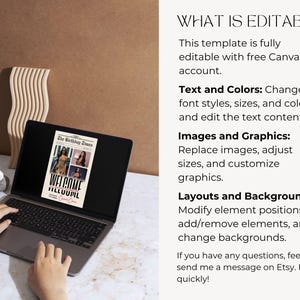 May include: A laptop displays a digital newspaper design with the headline "WELCOME ILLUUML". The screen shows images and text, with the words "The Birthday Times" at the top. The laptop is on a light-colored surface.