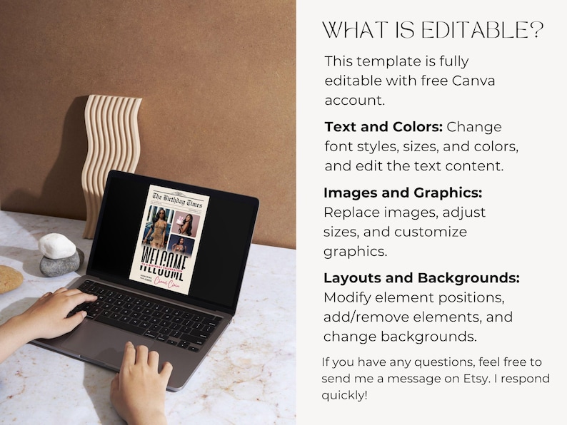 May include: A laptop displays a digital newspaper design with the headline "WELCOME ILLUUML". The screen shows images and text, with the words "The Birthday Times" at the top. The laptop is on a light-colored surface.