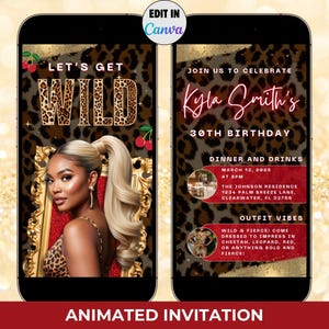 Invito di compleanno digitale a forma di ghepardo con foto modificabile, invito per festa serale tra ragazze, ciliegie, modello animato per cena e bevande con stampa leopardata rossa