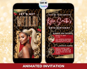 Digital Cheetah Birthday Invitation with Photo- Editable Girl Night Party Cherries Invite, Animated Red Leopard Print Dinner Drinks Template