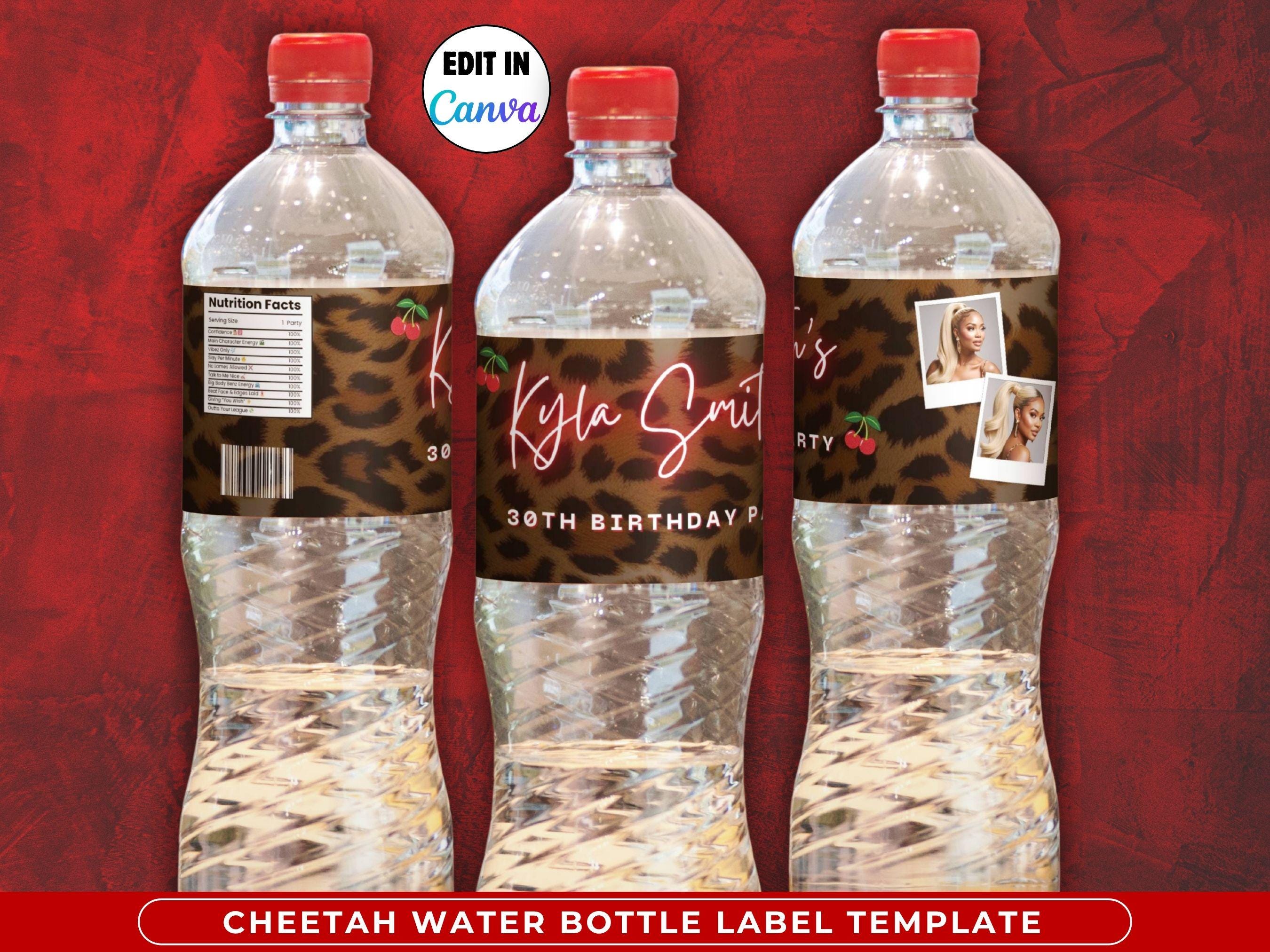 Etichetta adesiva per bottiglia d'acqua con stampa ghepardo - Decorazione per feste con leopardo e ciliegia rossa modificabile, bomboniere per feste di compleanno, modello stampabile Canva