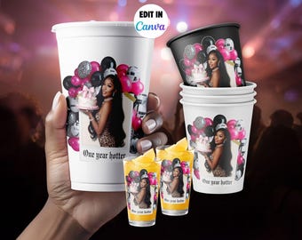Newspaper Theme Cup and Shot Glass Stickers- Editable Leopard Birthday Decor, Printable Cheetah Bachelorette Party Favor Canva Template