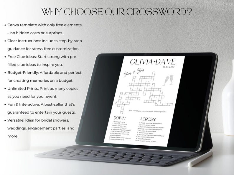 K&ouml;nnte beinhalten: Ein digitales Kreuzwortr&auml;tsel, das auf einem Tablet angezeigt wird. Das Kreuzwortr&auml;tsel ist f&uuml;r eine Hochzeit, mit den Namen Olivia und Dave oben. Das Tablet befindet sich auf einer Tastatur, mit einem Stift in der N&auml;he. Auf dem Bildschirm steht "Cheers & Clues".