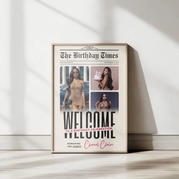 Newspaper Birthday Party Welcome Sign- Editable Girls Night Board Canva Template, Custom Bday Decor  Poster, Printable Modern Sign Backdrop