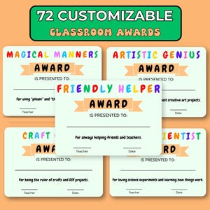 72 certificats de récompense préscolaires imprimables - cartes d'élèves modifiables, cadeau superlatifs de fin d'année pour enseignant, modèle Canva