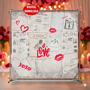 Valentine's Day Newspaper Backdrop: Photography Background, Proposal Photo Booth, Printable Vintage Party Decor, Digital Download