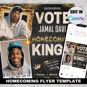 Op de afbeelding: Een zwarte en gouden flyer-sjabloon voor een homecoming king-verkiezing. De flyer toont een foto van een jonge man met een zwarte en gouden kroon, met de tekst "Stem op Jamal Davis Homecoming King 2024-2025" en "Ze vinden me niet leuk!" De flyer bevat ook de tekst "Liberton High School" en "Droppin' in Swag, I'm Your Next Hoco King".