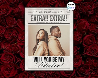 Will You Be My Valentine Newspaper Template with Photo- Editable Flower Bouquet Wrap, Printable Personalized Couples Gift, Canva Template