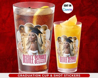 Graduation Cup and Shot Glass Stickers- Editable Prom Send Off Party Decor, Birthday Bachelorette Grad Party Favors Printable Canva Template