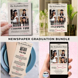 Zeitungs-Abschluss-Party-Bundle-Bearbeitbares Willkommensschild mit graduiertem Foto, druckbare Dankeskarte, Grad-Party-Menü, digitale Einladung