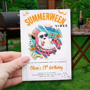 Summerween fête d'anniversaire Invitation - modifiable d'été Halloween piscine party inviter, carte fantôme fantasmagorique imprimable, canva modèle à télécharger