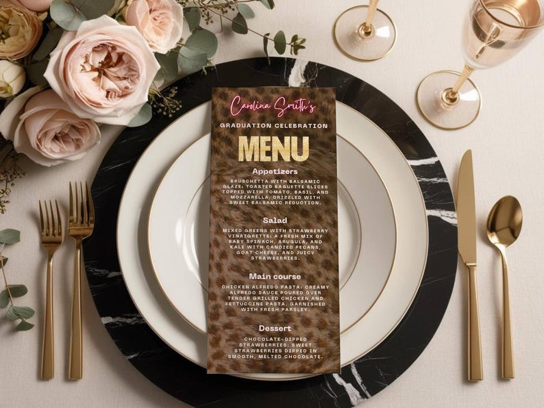 Cheetah Print Graduation Menu Canva Template- Editable Leopard Gold ...